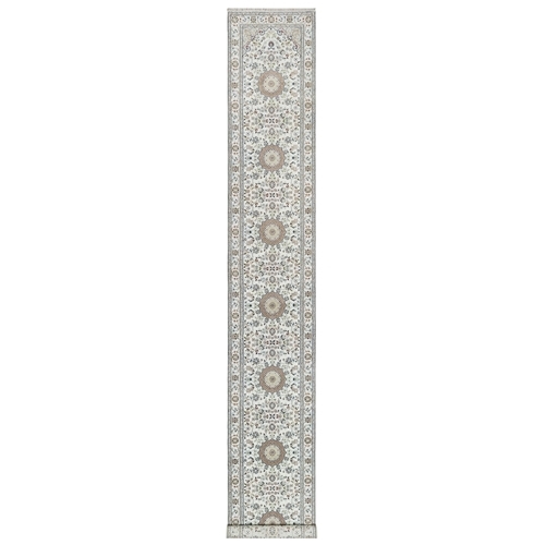 Daisy White, Nain with Center Flower Design, 250 KPSI, Hand Knotted, Soft Pile, Wool and Silk, XL Runner, Oriental 