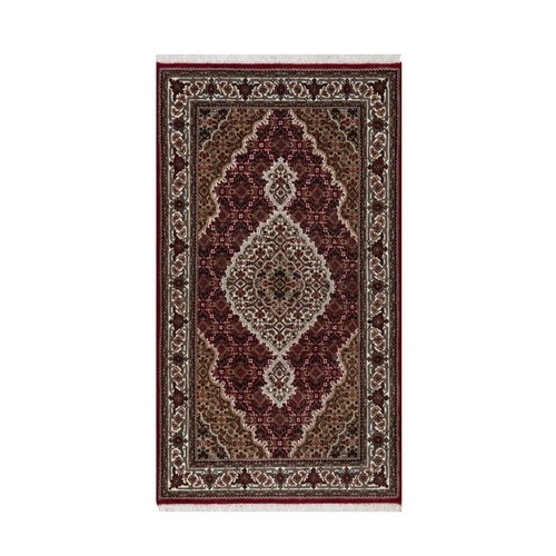 Mahogany Red, Natural Wool, Tabriz Mahi with Fish Medallion Design, Hand Knotted, Densely Woven, Oriental Rug