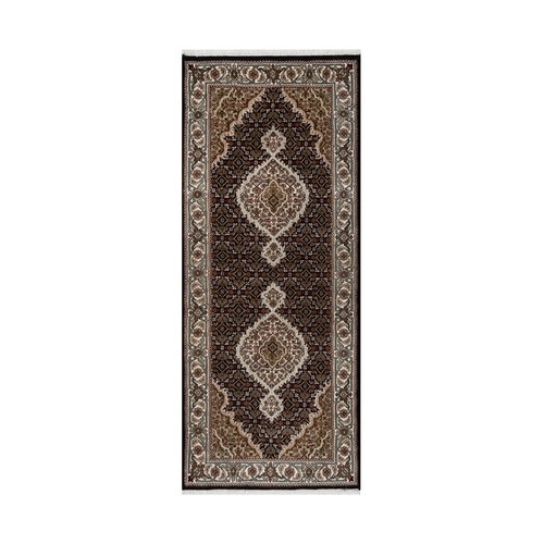 Ink Black, Pure Wool, Tabriz Mahi with Fish Medallion Design, 175 KPSI, Hand Knotted, Runner, Oriental Rug