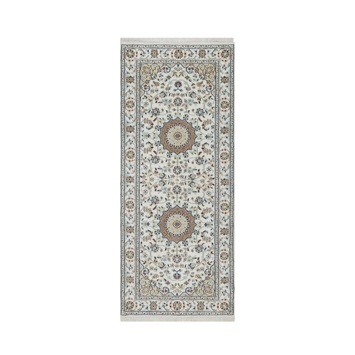 Spring White, Wool and Silk, Nain with Center Flower Motif, 250 KPSI, Hand Knotted, Runner, Oriental Rug