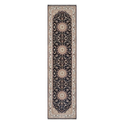 Vulcan Blue, Nain with Center Flower Medallion Design, Hand Knotted, Wool and Silk, 250 KPSI, Runner, Oriental Rug