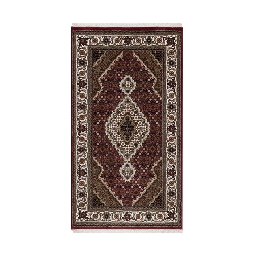 Scarlet Red, Tabriz Mahi with Fish Medallion Design, Organic Wool, Hand Knotted, Densely Woven, Oriental Rug