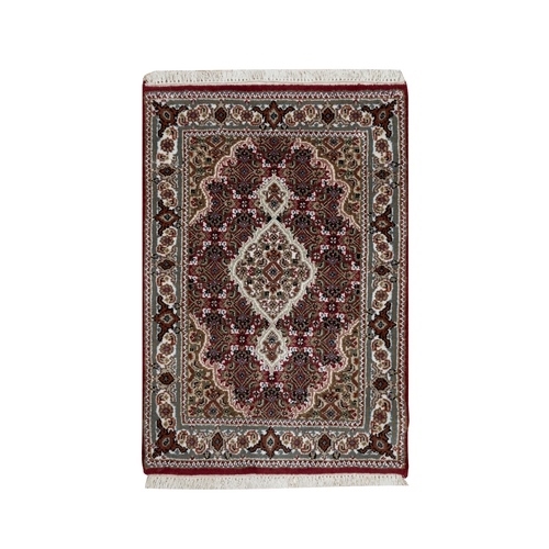 Carmine Red, Hand Knotted, Tabriz Mahi with Fish Medallion Design, Soft Wool, Hand Knotted, Densely Woven, Mat, Oriental Rug