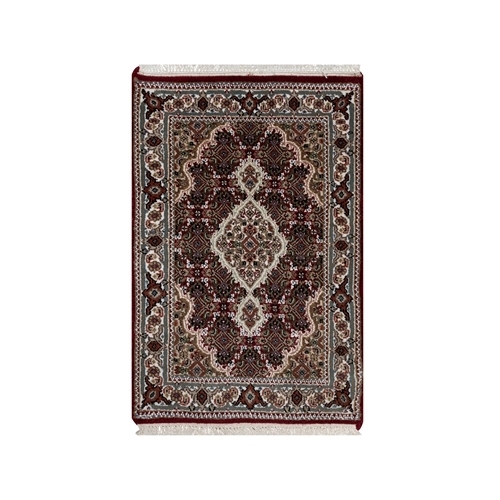 Carmine Red, Tabriz Mahi with Fish Medallion Design, Soft Wool, Hand Knotted, Densely Woven, Mat, Oriental Rug