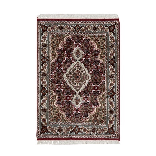 Carmine Red, Densely Woven, Tabriz Mahi with Fish Medallion Design, Soft Wool, Hand Knotted, Mat, Oriental Rug