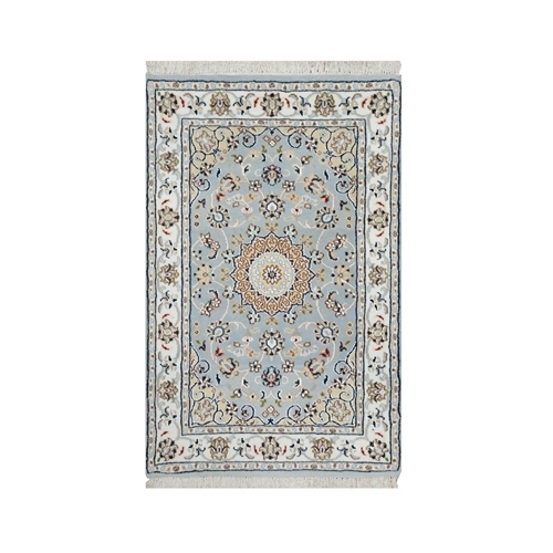 Uranian Blue, Nain with Large Center Medallion, 250 KPSI, Wool and Silk, Hand Knotted, Mat, Oriental Rug