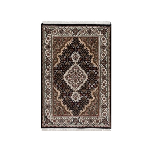 Pitch Black, Tabriz Mahi with Fish Medallion Design, 175 KPSI, Soft Wool, Hand Knotted, Mat, Oriental Rug