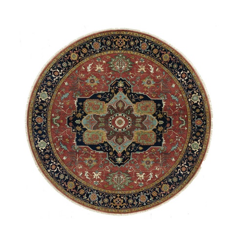 Falu Red And Naval Blue, Antiqued Hand Knotted, Denser Weave Vibrant Wool Fine Heriz Re-Creation, Vegetable Dyes, Soft and Plush Pile, Round Oriental Rug