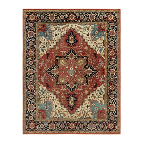 Show Stopper Red With Hogue Blue, Antiqued Pure Wool Fine Heriz Re-Creation, Hand Knotted Soft and Plush Pile, Vegetable Dyes, Densely Woven Oriental Rug