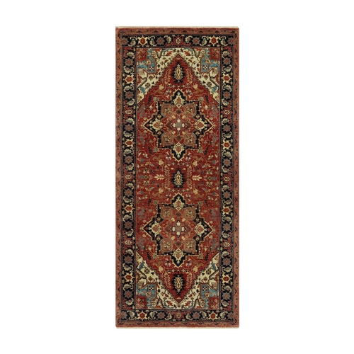 Hot Ember Red, Ivory Corners Hand Knotted Plush and Lush Pile, Antiqued Fine With Center Medallions Heriz Re-Creation, Denser Weave, All Wool Natural Dyes, Oriental Runner Rug