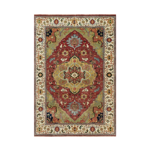 Rookwood Red, Ivory Border, Antiqued Fine Heriz, Re-Creation, Hand Knotted Vibrant Wool, Denser Weave and Natural Dyes, Plush Pile, Oriental Rug