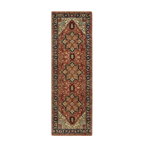 Pomegranate Red, 100% Wool Antiqued Plush and Lush Soft Pile Fine Heriz Re-Creation, Hand Knotted Densely Woven, Vegetable Dyes, Oriental Runner Rug