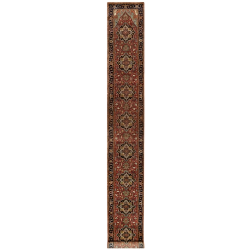 Brick Red With Night Sky Blue, Vegetable Dyes and Denser Weave, Antiqued Fine Heriz Re-Creation, Hand Knotted, Soft Vibrant Wool, Oriental XL Runner Rug