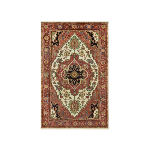 Pearled Ivory With Garnet Red Border, Densely Woven Plush Soft Pile, Hand Knotted Antiqued Fine Heriz, Re-Creation, Large Medallion Design, Natural Wool Oriental Rug