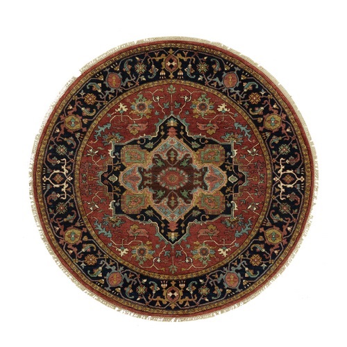 Burnt Peanut Red, Vegetable Dyes, Antiqued Soft Pile Fine Heriz Re-Creation, 100% Wool, Hand Knotted Densely Woven, Oriental Round Rug