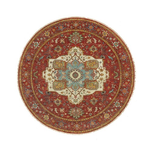 Bolero Red, Hand Knotted Natural Dyes, Densely Woven, Antiqued Velvety Wool, Fine Heriz Re-Creation, Soft Pile, Round Oriental Rug