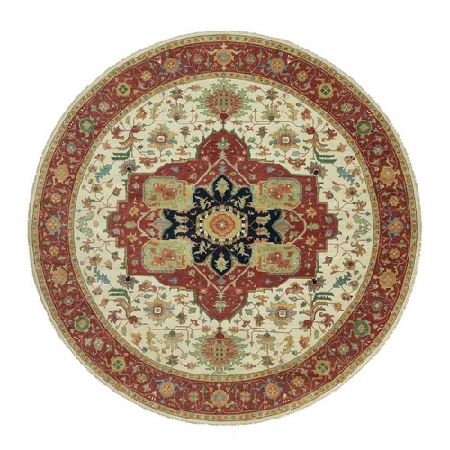Acadia White and Oxide Red, Antiqued Fine Heriz Re-Creation With Center Motif,  Soft Wool Pile Denser Weave, Hand Knotted Plush and Lush, Round Pure Wool Oriental Rug