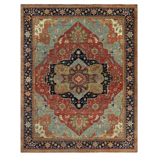 Morrocan Red and Naval Blue, Extra Soft Wool, Hand Knotted, Vegetable Dyes Antiqued Fine Heriz Re-Creation, Denser Weave, Oriental Oversized Rug