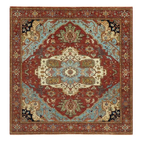 Caliente Red, Denser Weave, Vegetable Dyes, Extra Soft Wool Antiqued Fine Heriz Re-Creation, Hand Knotted Plush and Lush Soft Pile, Oriental Square Rug