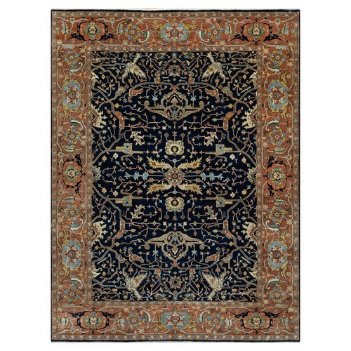 Midnight Blue, Antiqued Fine Heriz Re-Creation with All Over Vines Design, Densely Woven, Hand Spun New Zealand Wool, Hand Knotted, Natural Dyes, Oriental Rug