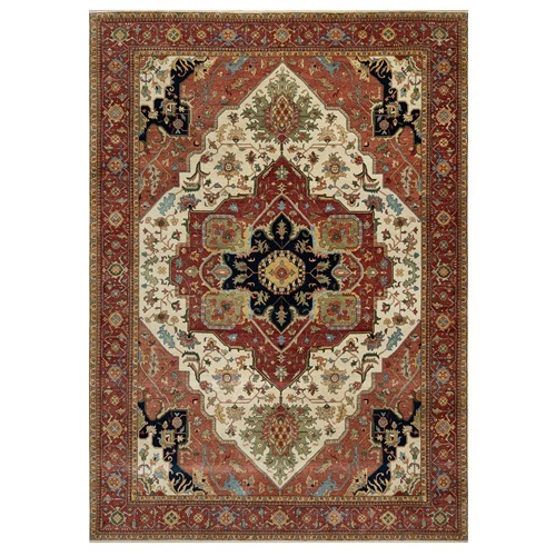 Chiffon Ivory with Crimson Red Border, Antiqued Fine Heriz Re-Creation, Large Medallion Design, Densely Woven, Plush Pile, Hand Knotted Hand Spun New Zealand Wool Oriental Rug