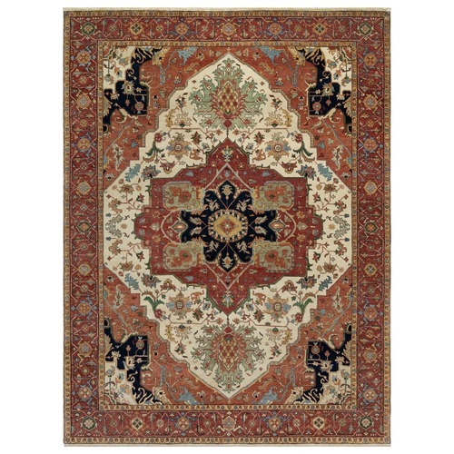 Cream Ivory and Crimson Red, Hand Knotted, Antiqued Fine Heriz Re-Creation with Geometric Medallion Design, Densely Woven, Hand Spun New Zealand Wool, Oriental Rug