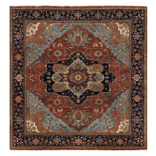 Morrocan Red and Naval Blue, Antiqued Fine Heriz Re-Creation, Hand Spun New Zealand Wool, Hand Knotted, Vegetable Dyes, Denser Weave, Oriental, Square Rug
