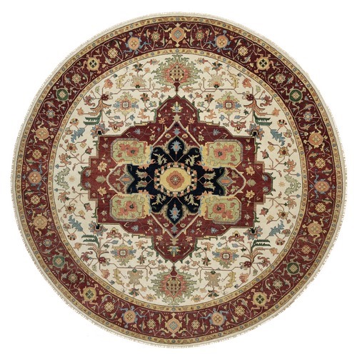 Parchment White and Brick Red Border, Antiqued Fine Heriz Re-Creation with Medallion Design Thick and Plush, Hand Spun New Zealand Wool, Hand Knotted, Round, Oriental 