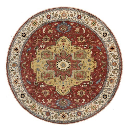Carmine Red, Antiqued Fine Heriz Re-Creation with Center Medallion Design, Hand Knotted, Hand Spun New Zealand Wool, Densely Woven, Round, Oriental Rug