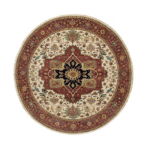 Seashell White and Crimson Red, Antiqued Fine Heriz Re-Creation with Center Medallion Design, Hand Knotted, Hand Spun New Zealand Wool, Denser Weave, Round, Oriental Rug