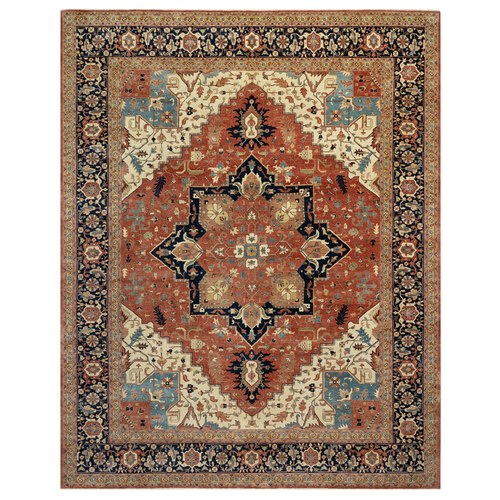 Persian Red and Navy Blue Border, Antiqued Fine Heriz Re-Creation with Star Medallion Design, Hand Spun New Zealand Wool, Hand Knotted, Soft and Plush, Oversized, Oriental Rug