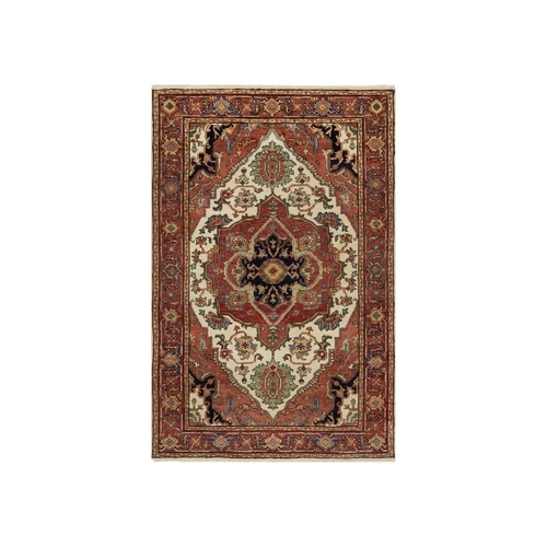 Chiffon Ivory with Prismatic Red, Densely Woven, Antiqued Fine Heriz Re-Creation, Geometric Medallion Design, Hand Knotted, Hand Spun New Zealand Wool, Oriental Rug