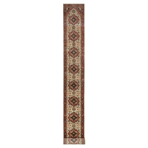 Eggshell White and Crimson Red, Antiqued Fine Heriz Re-Creation with Medallions Design, Plush and Lush, Densely Woven, Hand Knotted, Hand Spun New Zealand Wool, XL Runner, Oriental Rug