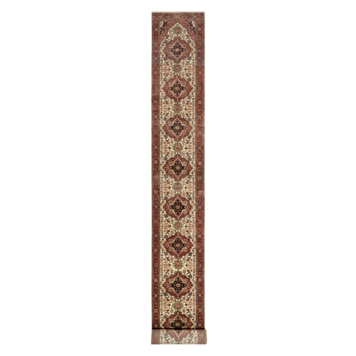 Pearl White and Crimson Red, Hand Knotted, Antiqued Fine Heriz Re-Creation with Geometric Medallions Design, Hand Spun New Zealand Wool, Denser Weave, XL Runner, Oriental Rug