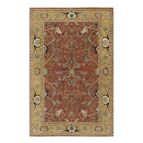 Rubor Red and Old Gold, Plush and Lush All Wool, Hand Knotted, Vegetable Dyes Antiqued Fine Heriz Re-Creation All Over Design, Denser Weave, Oriental Rug