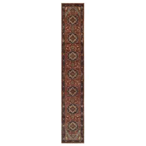 Sequoia Red With Prussian Blue Border, Plush and Lush, Densely Woven Antiqued Fine Heriz Re-Creation, Hand Knotted Vegetable Dyes, 100% Wool, XL Runner Oriental Rug