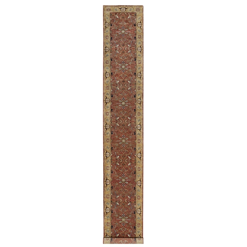 Currant Red With Satin Sheen Gold, Soft Pile Vibrant Wool, Vegetable Dyes and Denser Weave, Antiqued Fine Heriz Re-Creation, Hand Knotted, Oriental XL Runner 