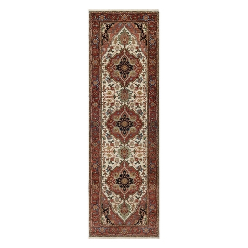 Papyrus White, 100% Wool, Antiqued Fine Heriz Re-Creation, Natural Dyes, Hand Knotted, Plush and Lush, Denser Weave, Runner, Oriental Rug