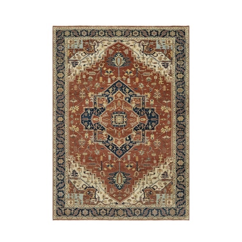 Clay Red With Polo Blue Border, Hand Knotted, Vibrant Tribal Geometric Antiqued Fine Heriz Re-Creation Medallion Design, Soft Wool, Denser Weave, Oriental 