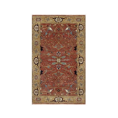 Auburn Red, Antiqued Fine Heriz Re-Creation, Hand Knotted All Over Pattern, Vibrant Wool, Vegetable Dyes and Denser Weave, Plush and Lush Soft Pile, Oriental Rug