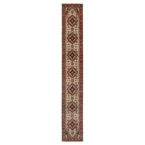 Angora White, Antiqued Fine Heriz Re-Creation With Red Border, Vegetable Dyes, Hand Knotted With Large Motifs, Plush Soft Pile, Densely Woven, Extra Soft Wool, XL Runner, Oriental Rug