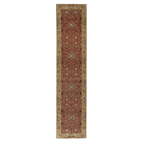 Venetian Red With Trombone Gold Border, Hand Knotted Soft Pile Densely Woven, Pure Wool, Vegetable Dyes Antiqued Fine Heriz Re-Creation With All Over Design, Runner Oriental Rug