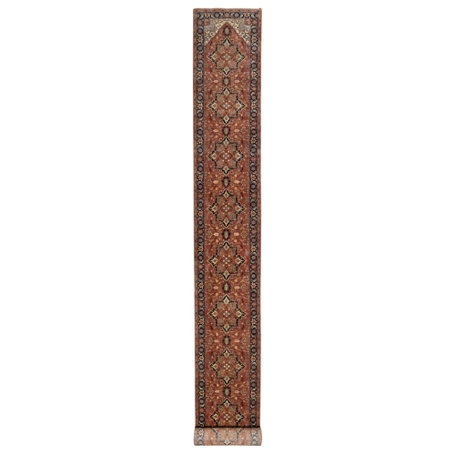 Auburn Red, Antiqued Fine Heriz Re-Creation and Large Medallions Design, Densely Woven, Velvety and Soft Wool, Hand Knotted, Natural Dyes, XL Runner Oriental Rug 