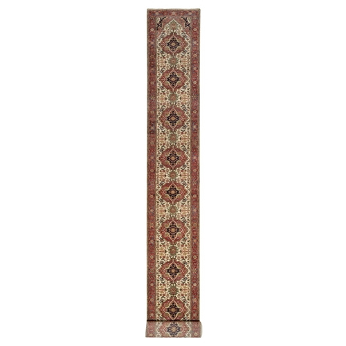 Eggnog White and Cherry Red, Antiqued Vegetable Dyes Fine Heriz Re-Creation With Large Tribal Medallions, Densely Woven, Hand Knotted, Plush and Soft Pile, Organic Wool, XL Runner, Oriental 