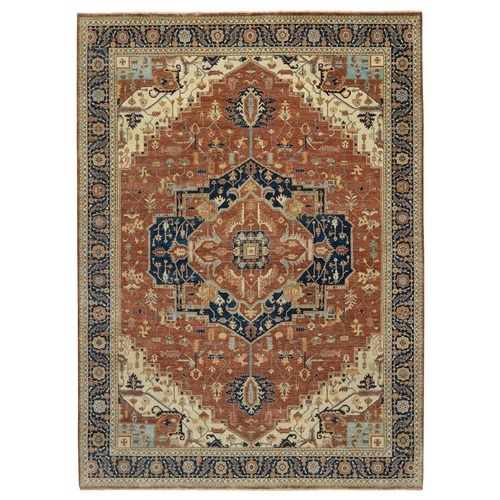 Ginger Red and Naval Blue, Antiqued Fine Heriz Re-Creation Central Geometric Medallion, Denser Weave, Hand Knotted, Vegetable Dyes, Plush Pile, Natural Wool, Oriental Rug