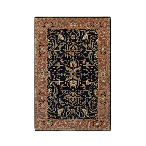 Oxford Blue, Antiqued Fine Heriz Re-Creation With All Over Vines Design, Hand Knotted Denser Weave, Vegetable Dyes Natural Wool, Oriental Rug