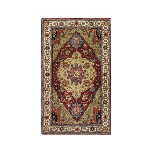 Spiced Apple Red With Ivory Border, Plush and Lush Pile, Central Medallion Design, Antiqued Fine Heriz Re-Creation, Hand Knotted Denser Weave, Vegetable Dyes, All Wool, Oriental 