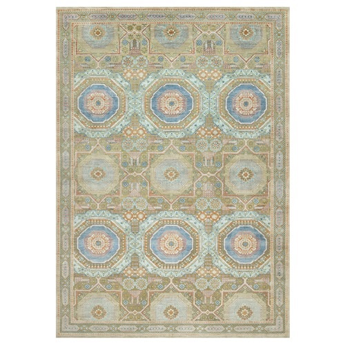 Edamame Brown, Mamluk Design with Geometric Medallions, Textured Wool and Silk, Hand Knotted Oriental Oversized Rug