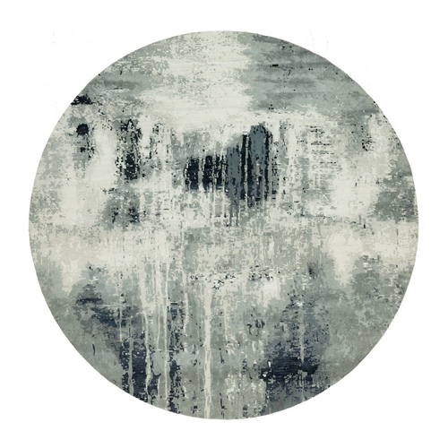 Obsidian Black with Delicate White, Hand Knotted, Soft to Touch Abstract Design, Wool and Silk, Round Oriental Rug