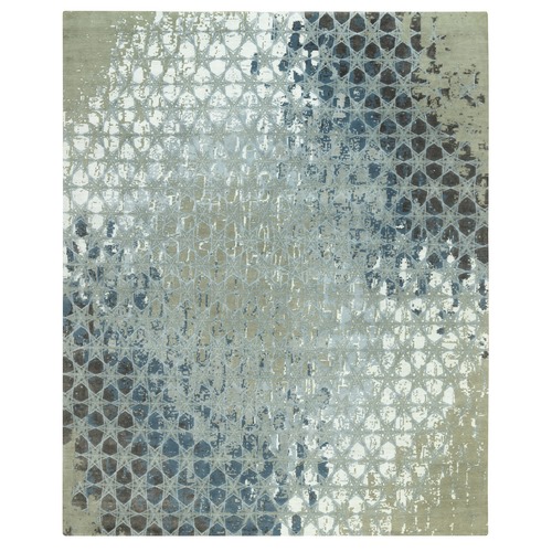 Flint Gray and Riviera Blue, The Honeycomb Award Winning Design, Wool and Silk, Hand Knotted, Oversized Oriental 